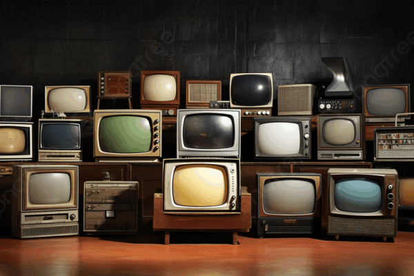 A display featuring approximately 20 different styles of television sets arranged in 3 staggered rows