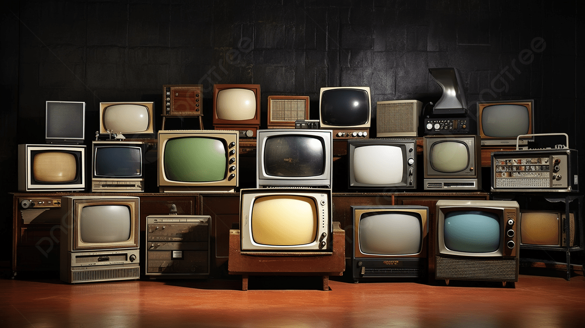 A display featuring approximately 20 different styles of television sets arranged in 3 staggered rows