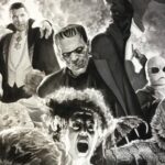 A collage showing characters from the Universal Monster series, including Dracula, Frankenstein's monster, the Invisible Man, the Creature from the Black Lagoon, the Mummy and the Bride of Frankenstein.