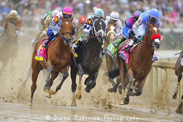 Multiple horses racing around a track