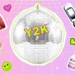 A graphic showing a pair of lips, a disco ball that says "Y2K" inside, a flip phone, a peace sign and a pair of multi-colored high top shoes