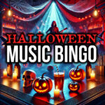 An image featuring pumpkins in the background with the text "Halloween Music Bingo" on it.
